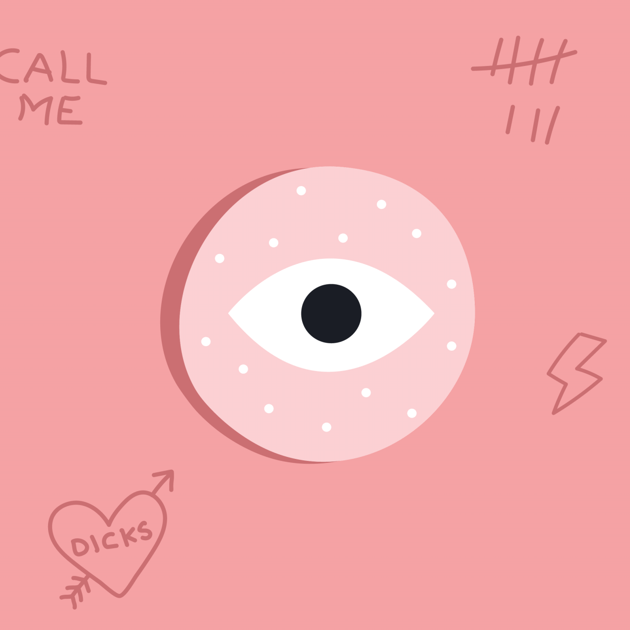 An animation of an eye looking all directions through a hole. Also called the glory hole with a illustrations and text carved into the wall/door.