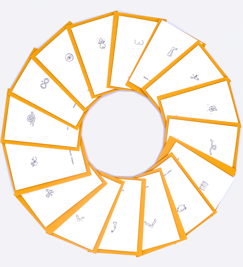Greetings Cards Dicks Don't Lie in a circle. White paper with ochre envelopes and quirky minimal black line drawings. Cheeky texts written on it.